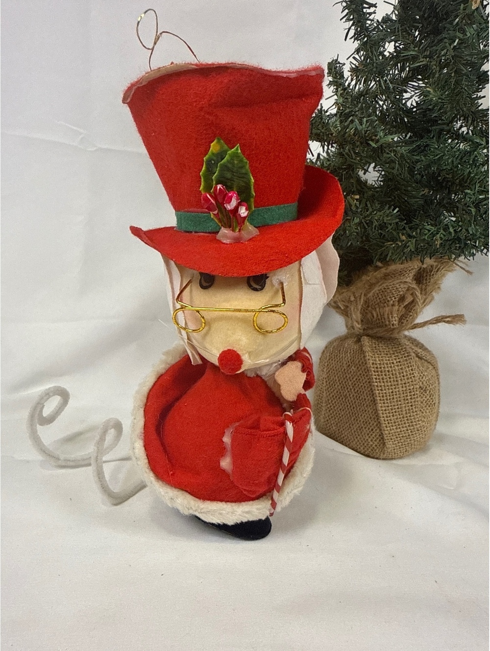 Vintage Holiday Mouse Christmas Ornament with Red Felt Hat and Coat